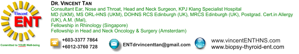DR. VINCENT TAN Consultant Ear, Nose and Throat, Head and Neck Surgeon, KPJ Klang Specialist Hospital MD (UKM), MS ORL-HNS (UKM), DOHNS RCS Edinburgh (UK), MRCS Edinburgh (UK), Postgrad. Cert.in Allergy (UK), A.M. (Mal),  Fellowship in Rhinology (Singapore) Fellowship in Head and Neck Oncology & Surgery (Amsterdam)  +603-3377 7864 +6012-3760 728 ENTdrvincenttan@gmail.com www.vincentENTHNS.com www.biopsy-thyroid-ent.comt.com